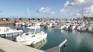 Un port de plaisance où de nombreux bateaux sont amarrés, un ciel dégagé et une mer calme.