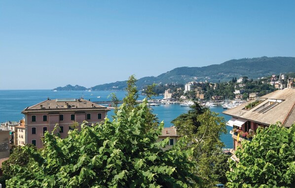 Une ville côtière avec des bâtiments donnant sur la mer, un port de plaisance rempli de bateaux et une végétation luxuriante au premier plan.