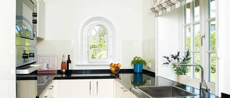 Fridge, oven, dishwasher, coffee/tea maker