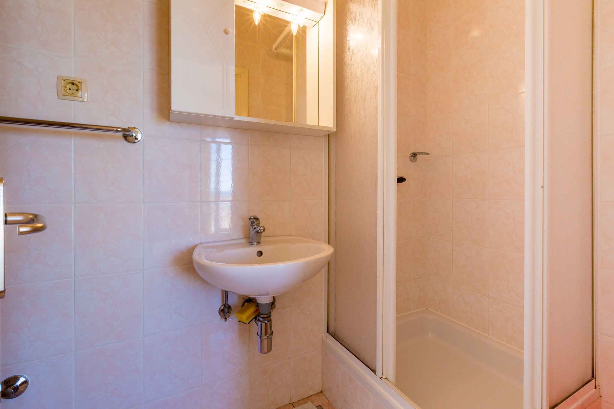 Ein Badezimmer mit einem weißen Waschbecken, einem Spiegel darüber und einer Duschkabine.