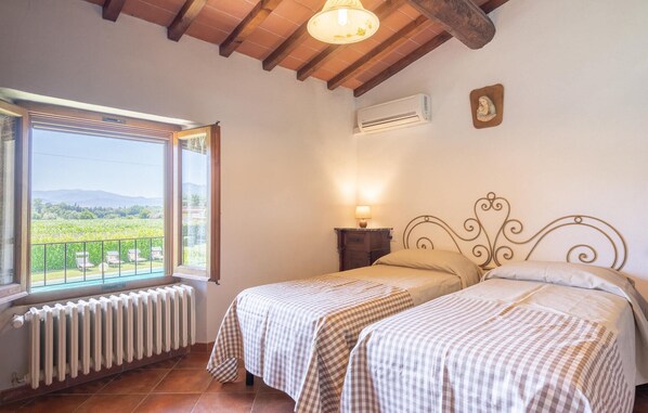 Un dormitorio con dos camas, una ventana con vistas a un viñedo, un radiador y un equipo de aire acondicionado.