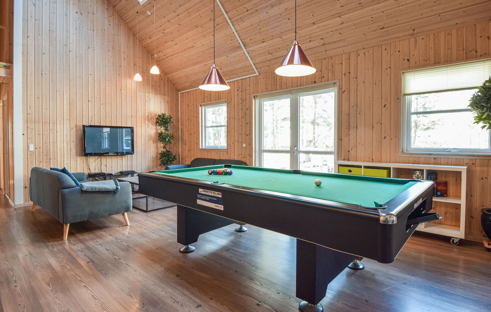Una sala con paneles de madera, mesa de billar, televisor y sofá.