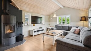 A cozy living room with a fireplace, a sofa, a TV, and a dining table.