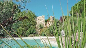 A pool with clear blue water, surrounded by lush greenery and a stone structure in the background. - Amazing home in Rioux (Rioux)
