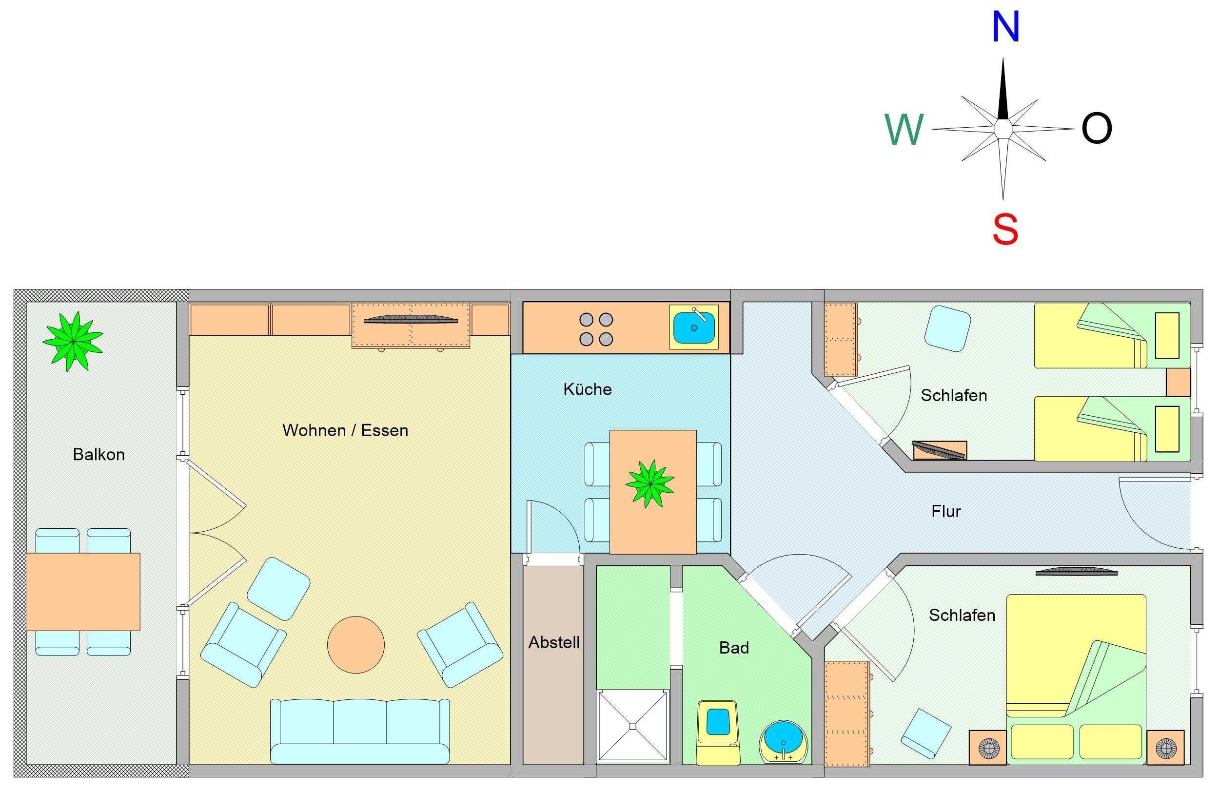 Un plan d’étage comprenant un balcon, un salon, une cuisine, une salle de bain et deux chambres.