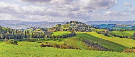 Ein weitreichender Blick auf eine üppige, grüne Landschaft mit sanften Hügeln, einem markanten Haus auf einem Hügel und entfernten Bergen.