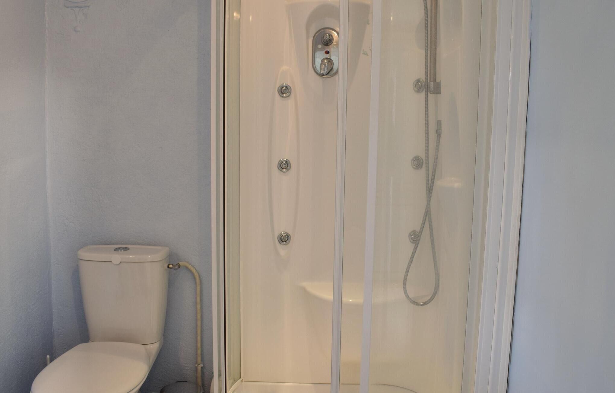 Une cabine de douche avec une porte en verre, des toilettes et un pommeau de douche.
