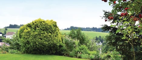 A lush garden with a variety of plants and flowers, a large coniferous tree, and a view of a rural landscape with houses in the distance.