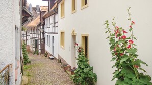 A narrow cobblestone street flanked by traditional half-timbered houses with small windows and a flower box on the right.