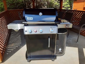 A Weber Spirit grill with a digital display, a side burner, and a built-in oven.