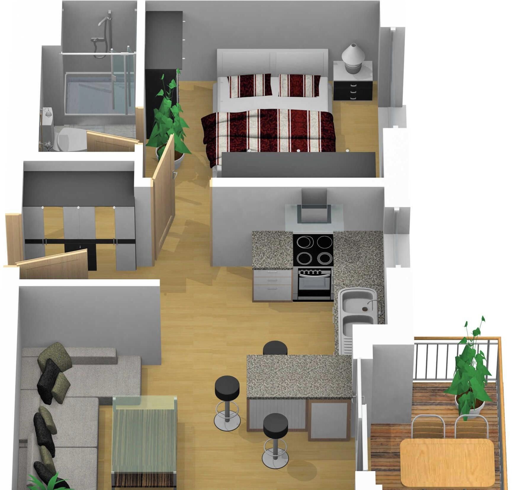 Distribución moderna de un apartamento con cocina, comedor y un dormitorio con una cama grande.