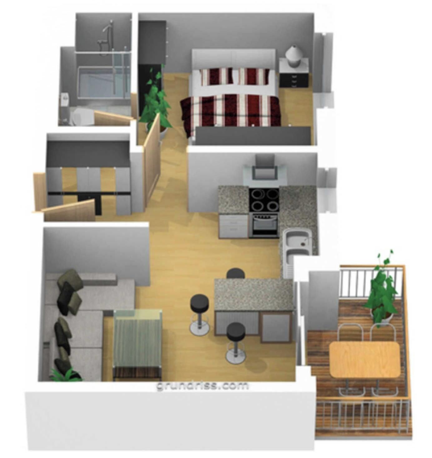 A 3D floor plan of a modern apartment with a kitchen, dining area, living room, and a bedroom.