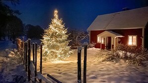 Un paysage enneigé avec un sapin de Noël illuminé et une maison rouge.