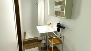 Shower, hair dryer, towels