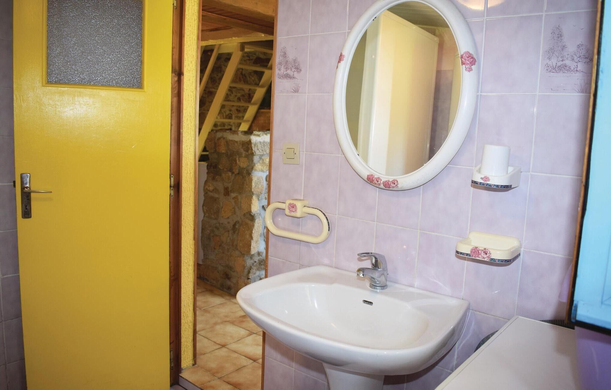 Een badkamer met een gele deur, een witte wastafel, een spiegel en roze tegels met bloemen.