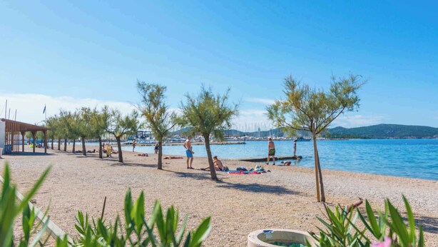 Een strand met een rij bomen, een beschut gedeelte en een rustige zee.