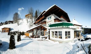 A snow-covered building with a large window, a wooden facade, and a green roof. - Double room in alpine style - Rosentalerhof Hotel & Appartements (Hinterglemm)