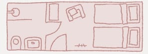 Un dibujo lineal sencillo de la distribución de una habitación con una cama, un escritorio y una silla.