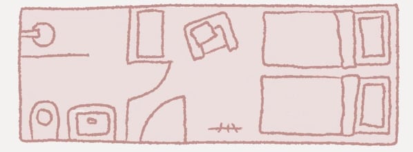 Un disegno schematico mostra la disposizione di una stanza con un letto, una scrivania e una sedia.