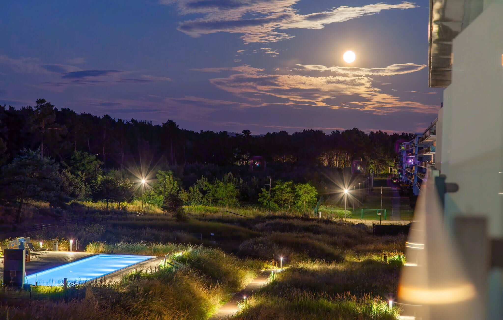 A nighttime view of a hotel with a swimming pool, illuminated pathways, and a forested backdrop.