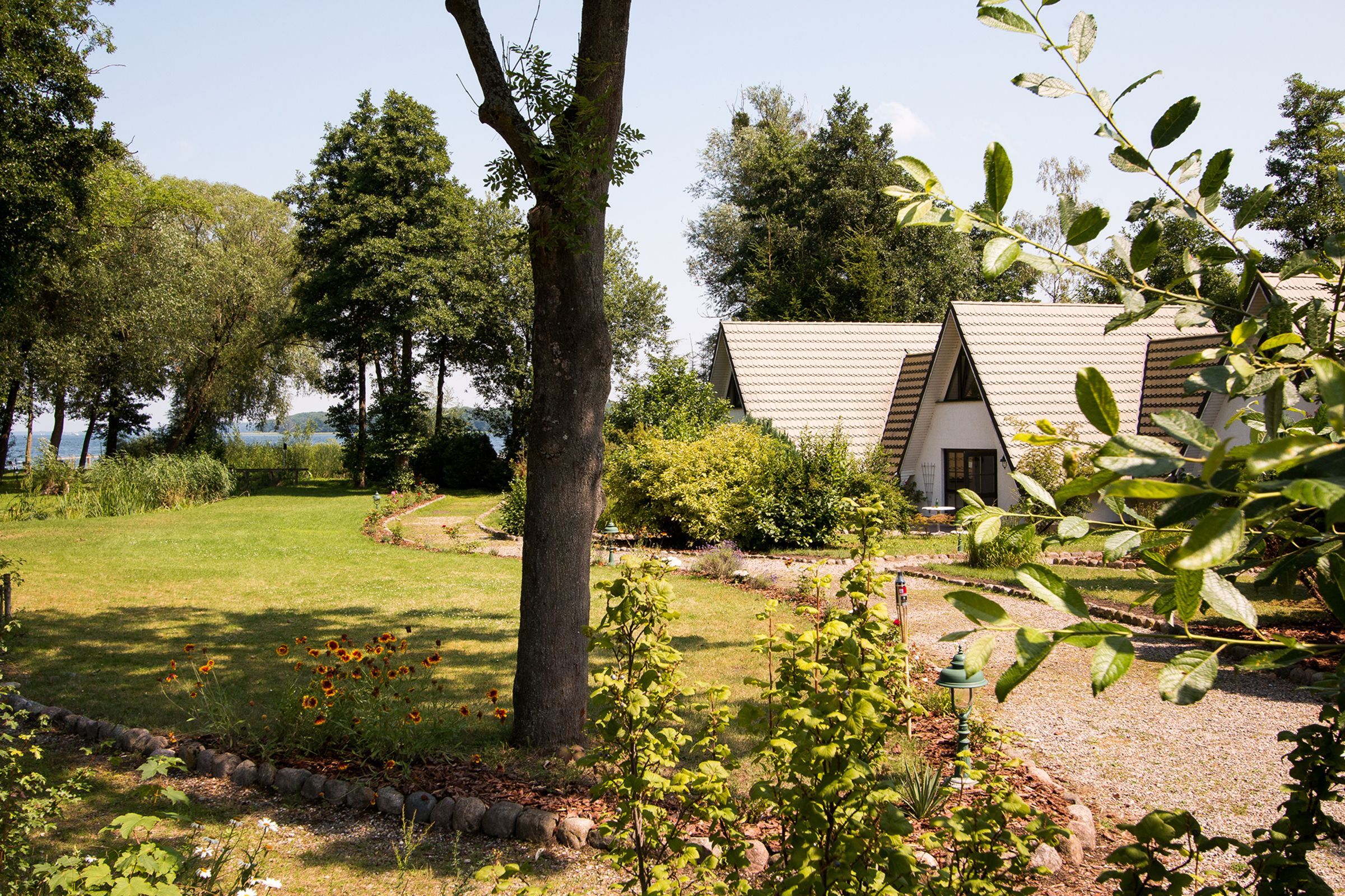 Une maison avec un toit en pente, entourée d’un jardin bien entretenu où poussent différentes espèces de plantes et où se trouve une pelouse.