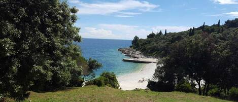 A coastal landscape with a clear view of the sea, a sandy beach, and surrounding greenery.