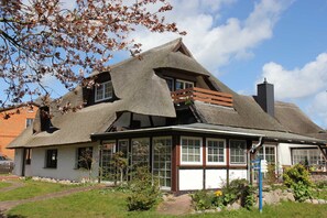 Une maison avec un toit de chaume, de grandes fenêtres et des fondations en pierre.