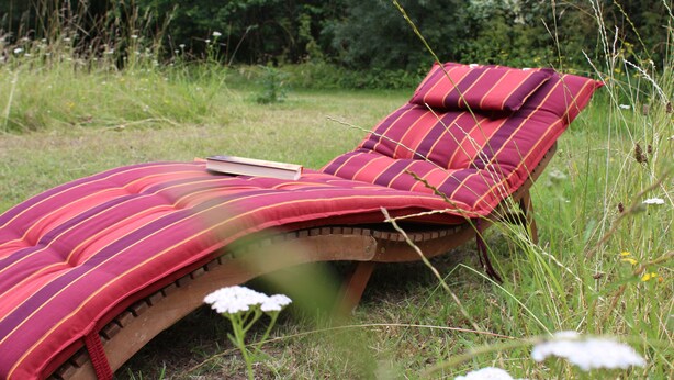 Een fauteuil voor één persoon met een gestreept kussen en een boek, geplaatst in een groene buitenruimte met bomen op de achtergrond.