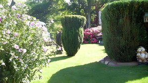 A well-maintained garden with neatly trimmed hedges and flowering plants. - Studio mit Terrasse und Garten (Putbus)
