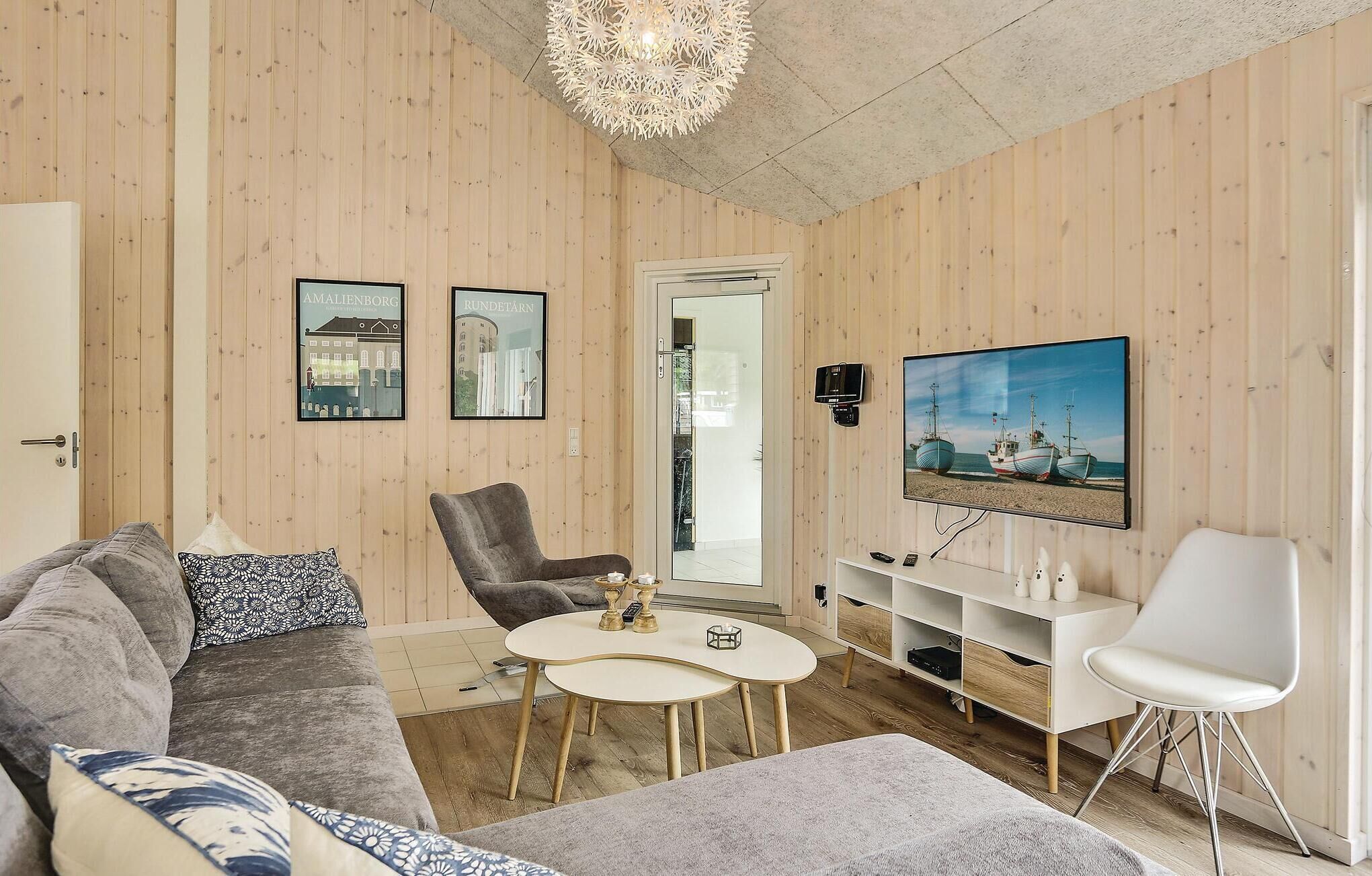 Télévision, cheminée, lecteur de DVD, baby-foot