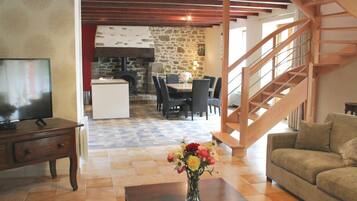 Cheminée, lecteur de DVD, table de tennis de table