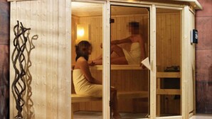 Uma sauna de madeira com portas de vidro deslizantes, um banco e uma escultura decorativa de metal.