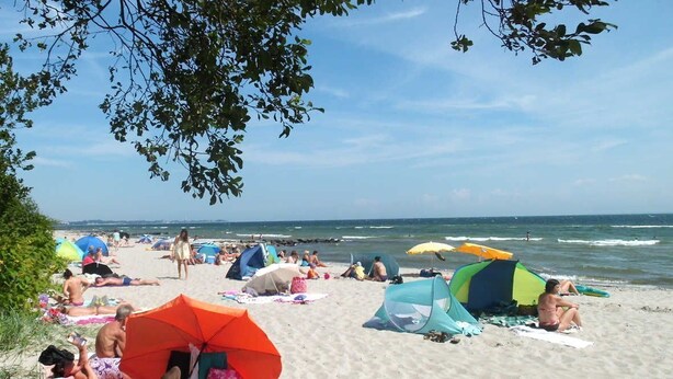 Uma praia com pessoas relaxando sob guarda-sóis e toldos, céu claro e o oceano ao fundo.