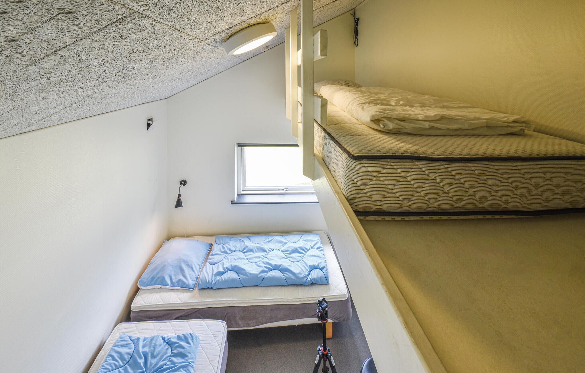 A compact dormitory room with bunk beds, a small window, and a ceiling with a textured pattern.