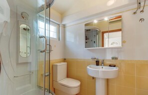 Een badkamer met een douchecabine van glas, toilet, wastafel en spiegel.