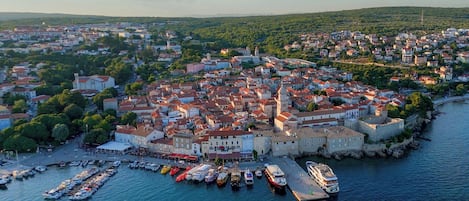 A coastal town with a historic fort, a marina with boats, and a dense residential area.