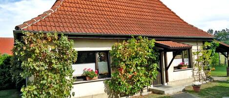 A house with a red-tiled roof, a covered porch, and a garden with potted plants.
