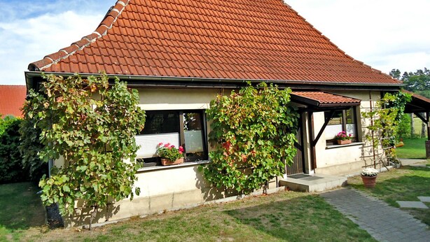 Ein Haus mit rotem Ziegeldach, einer Veranda und einem Garten mit Pflanzkübeln.