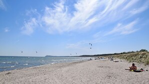 A beach with sand, water, and kites.