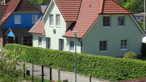 Een rij huizen met rode dakpannen, groene muren en een haag op de voorgrond.