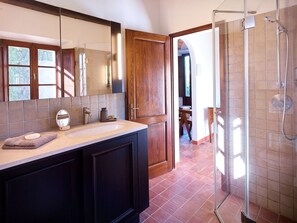 Shower, hair dryer, bidet, towels