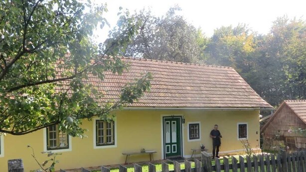 A yellow house with a green door, a wooden fence, and a person standing in the yard.