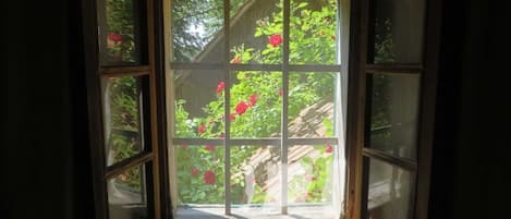 A bay window with a view of a garden.