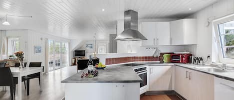 Fridge, stovetop, dishwasher, coffee/tea maker