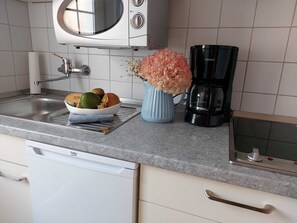 Fridge, microwave, coffee/tea maker, electric kettle