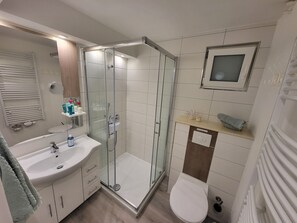 Shower, hair dryer, soap, toilet paper