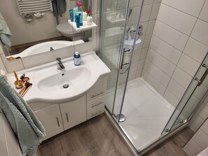 Regadera, secadora de cabello, jabón, papel de baño 