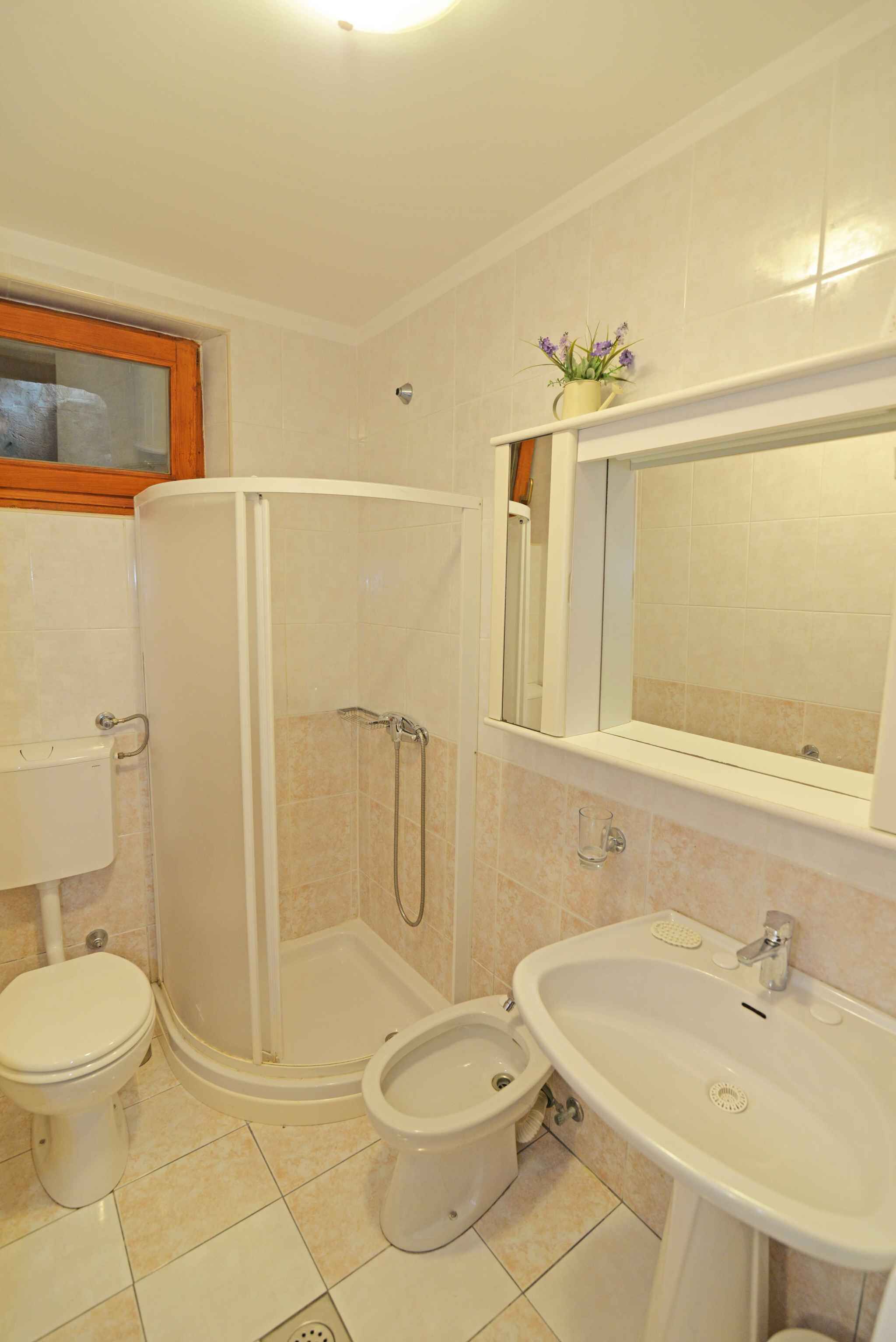 A bathroom with a shower, toilet, bidet, and sink.