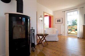 Flat-screen TV, fireplace