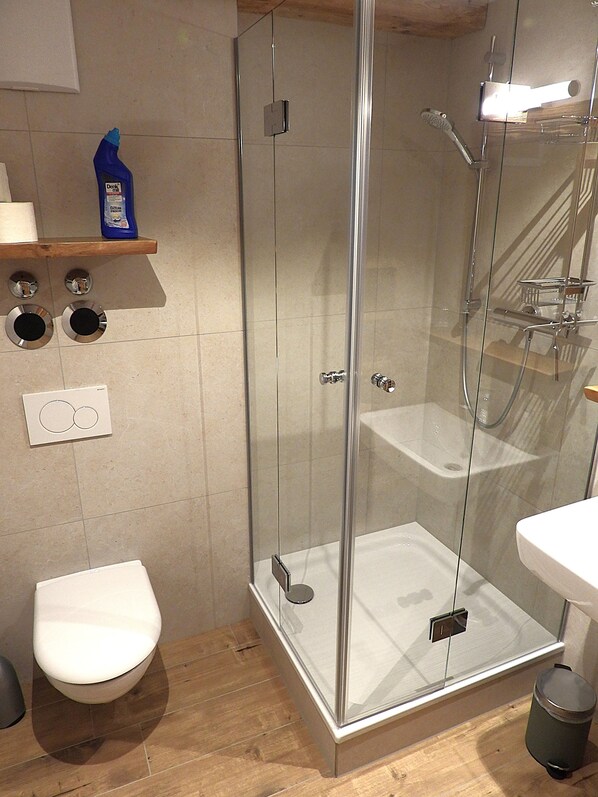 A modern bathroom with a glass-enclosed shower, a white toilet, and a sink.